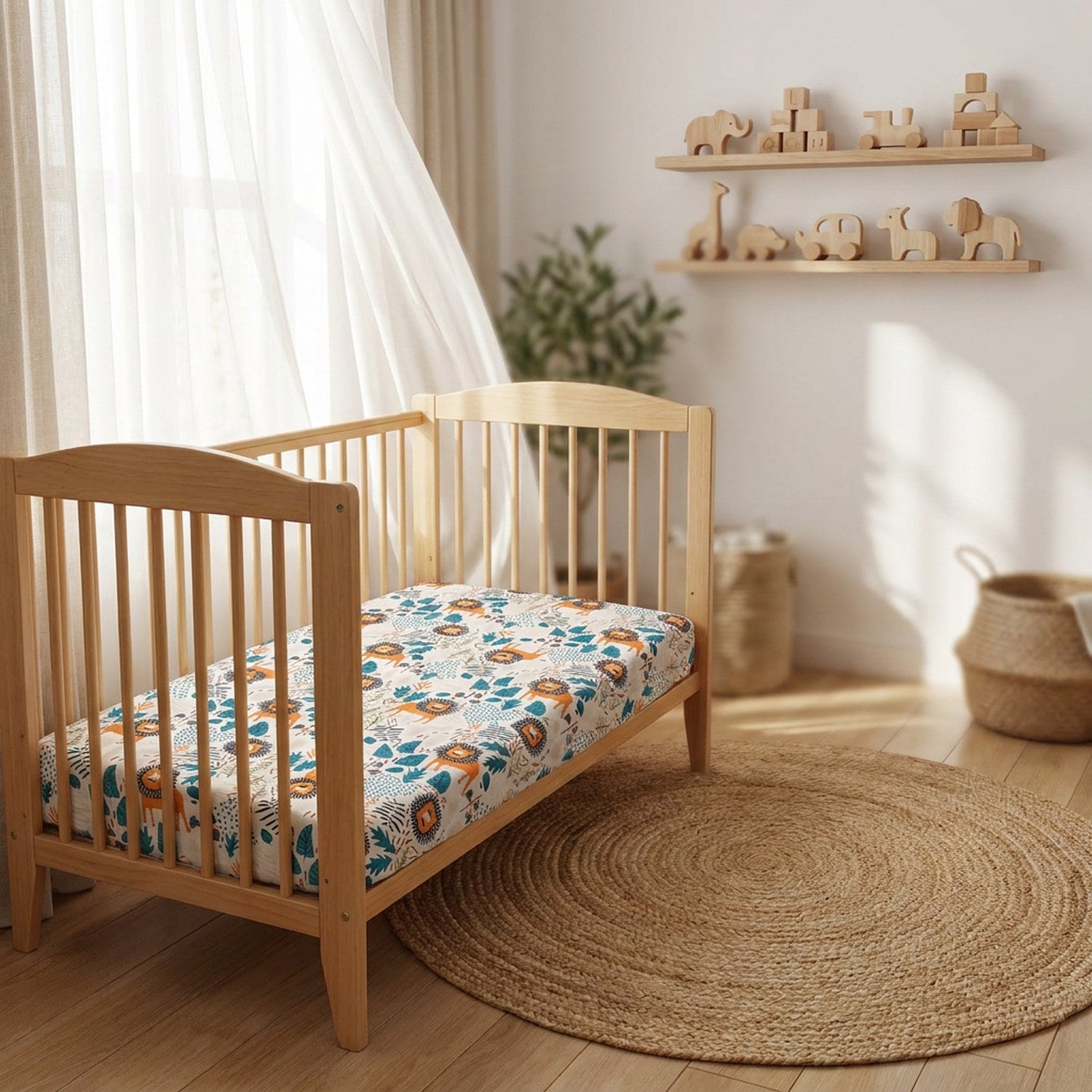 Berceau en bois avec drap housse bébé motif lionceaux dans une chambre lumineuse