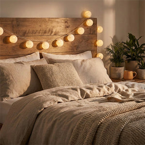 Guirlande lumineuse boules coton chambre tête de lit ambiance cosy