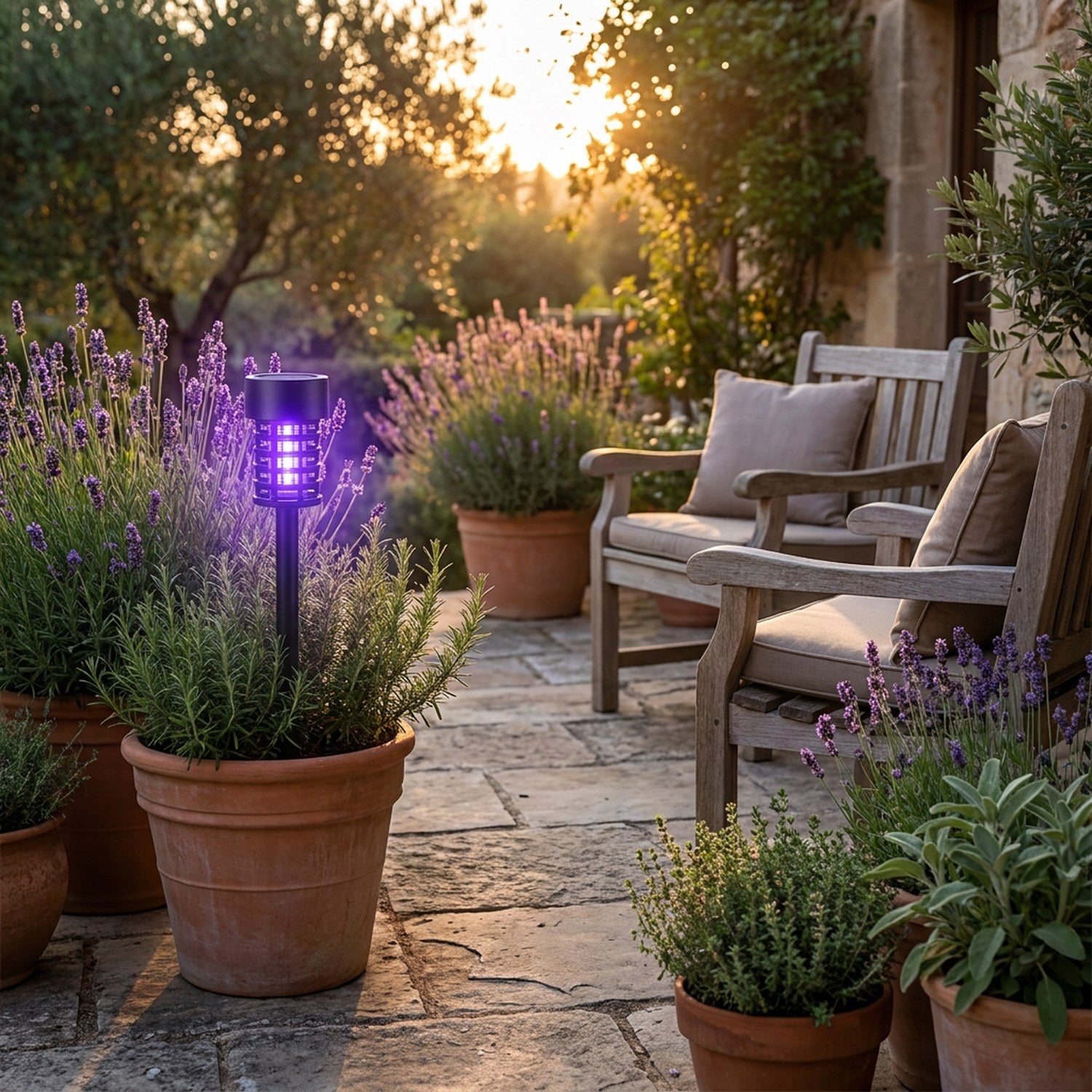 Lampe anti-insectes UV sur terrasse jardin en soirée