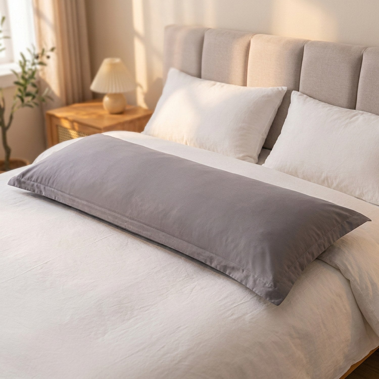 Taie de traversin gris posée sur un lit fait dans une chambre cosy