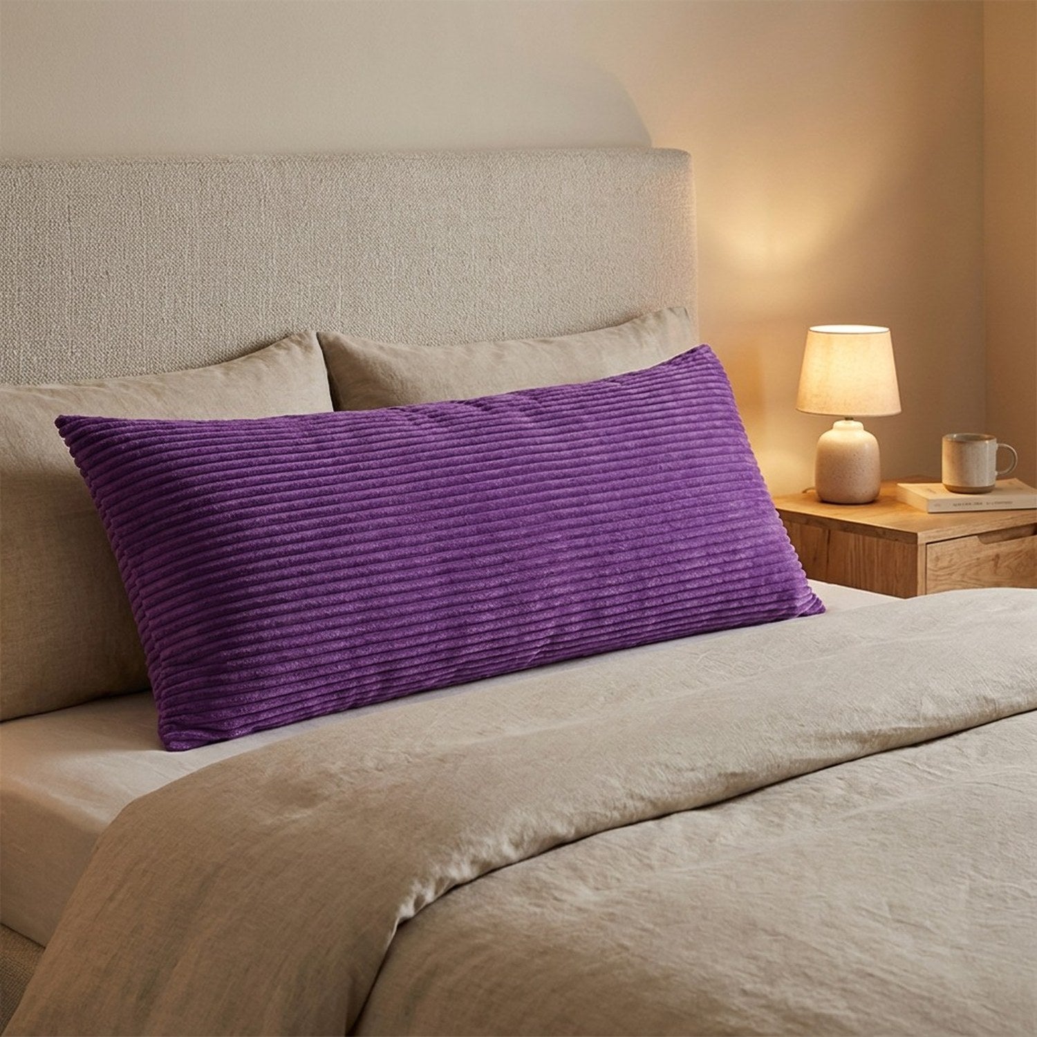 Traversin violet en velours côtelé posé sur un lit avec linge beige et lampe de chevet