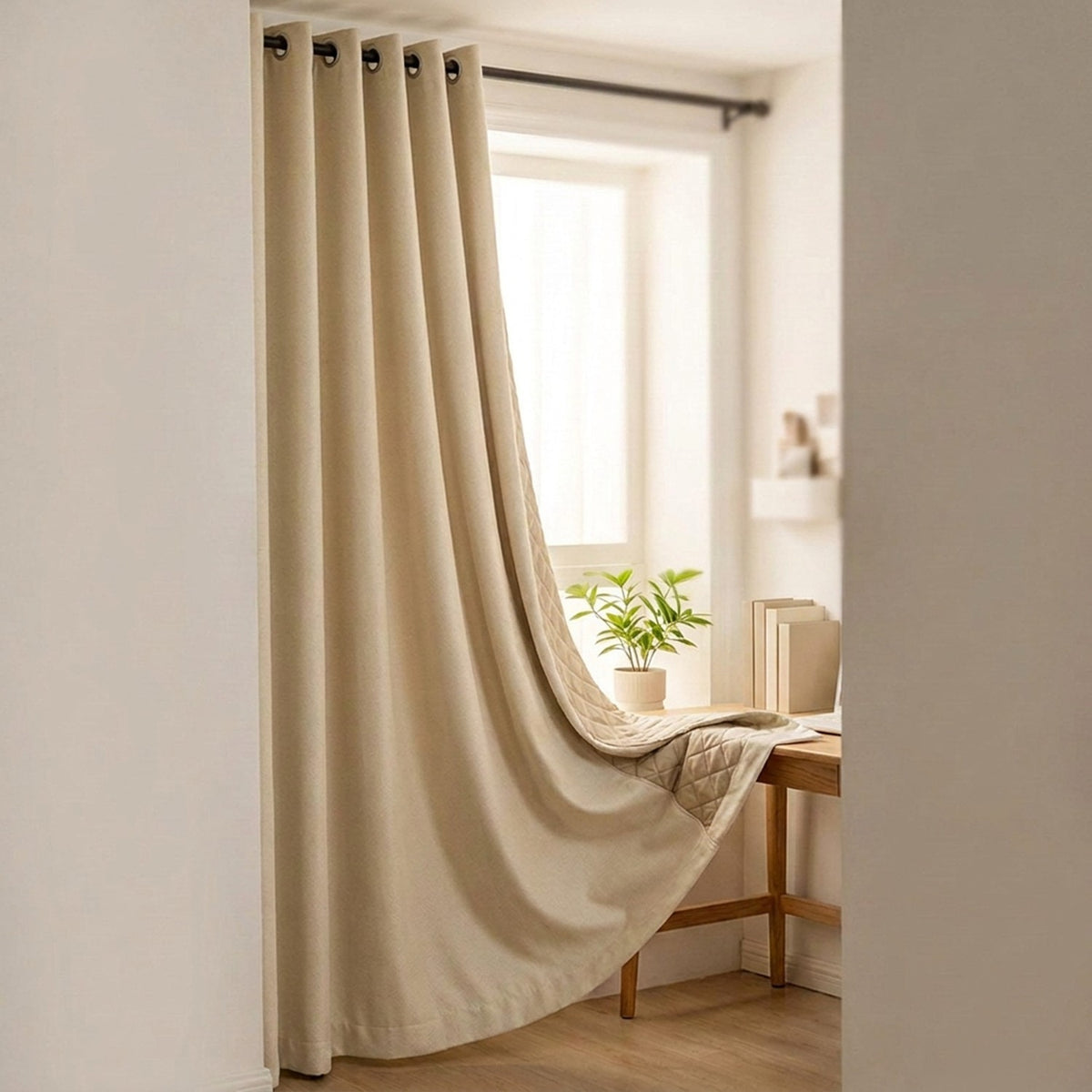 Rideau occultant beige devant un bureau lumineux avec une plante