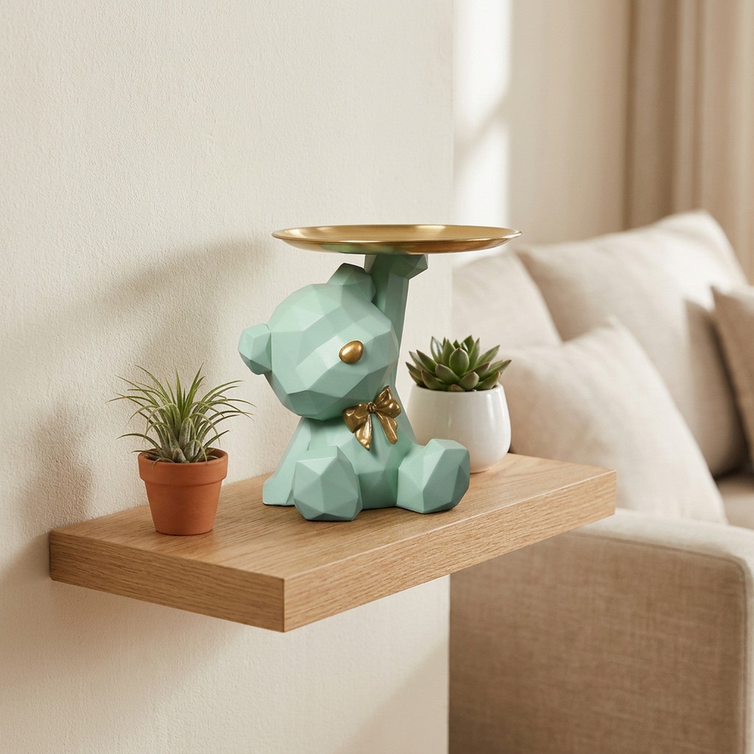 Statue ours résine vert menthe étagère flottante salon minimaliste