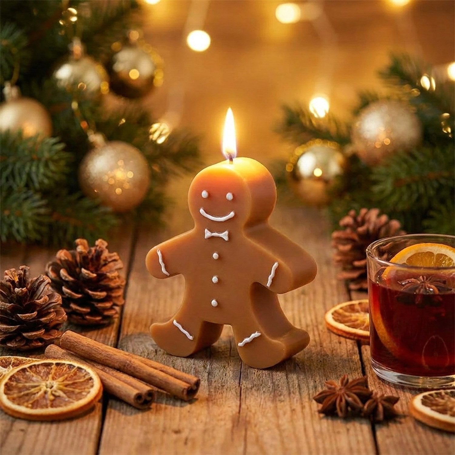 Bougie aromathérapie pain d'épice allumée sur table en bois avec pommes de pin et cannelle décoration Noël