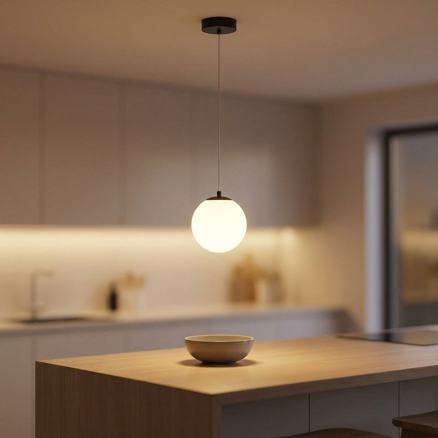 Suspension boule en verre opalin noire suspendue au-dessus d'un îlot de cuisine