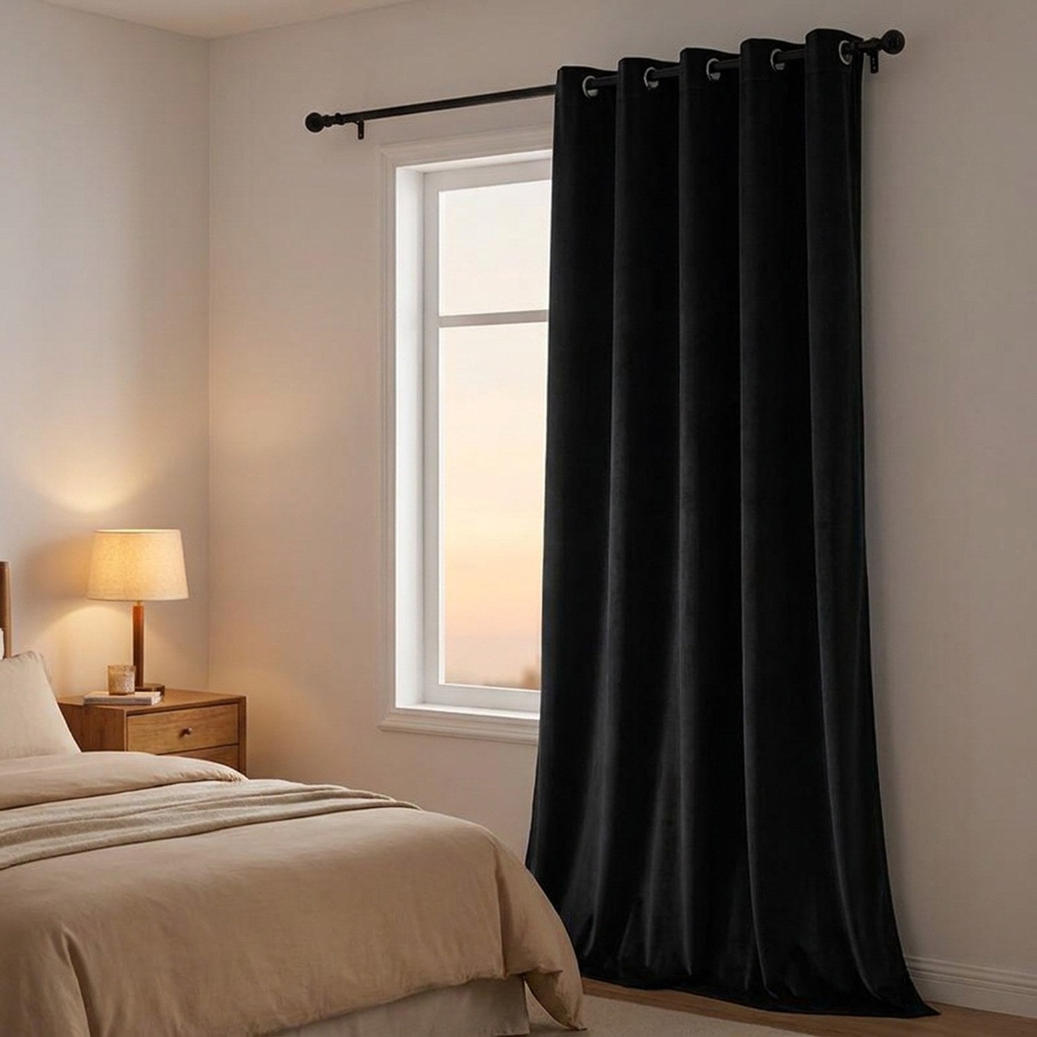 Rideau en velours noir devant la fenêtre d'une chambre avec lit fait et lampe de chevet