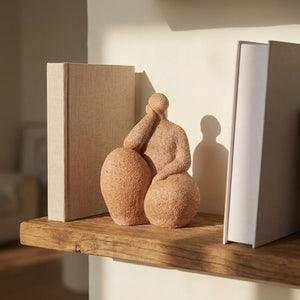 Statuette de femme pensive en résine posée sur une étagère en bois entre deux livres