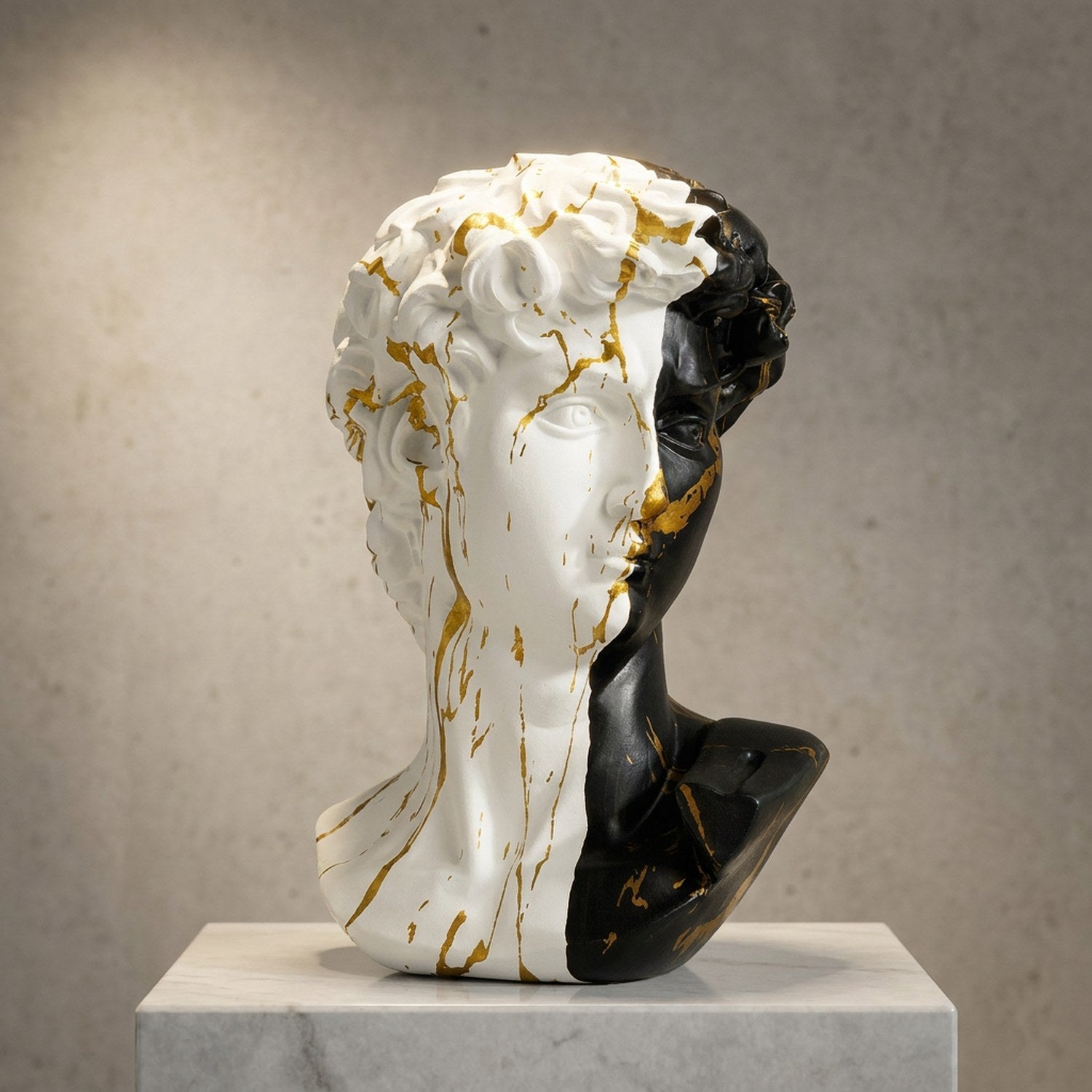 Buste du David bicolore sur socle blanc dans un intérieur galerie d art
