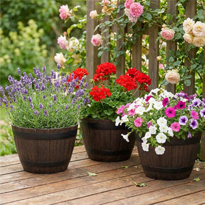 Trois pots de fleur tonneau vintage avec plantes fleuries sur terrasse en bois