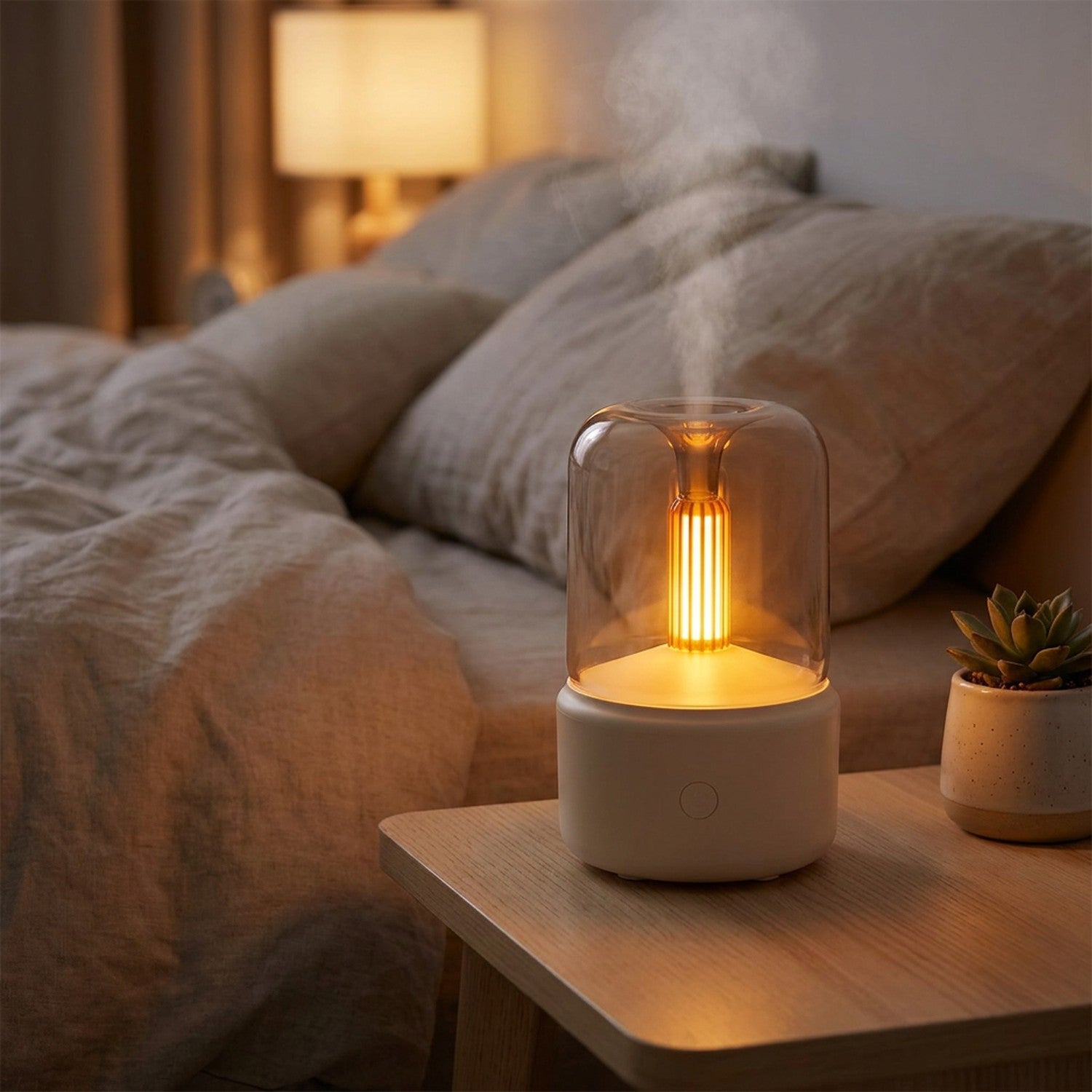 Diffuseur USB veilleuse effet bougie sur table de nuit en bois dans chambre cosy