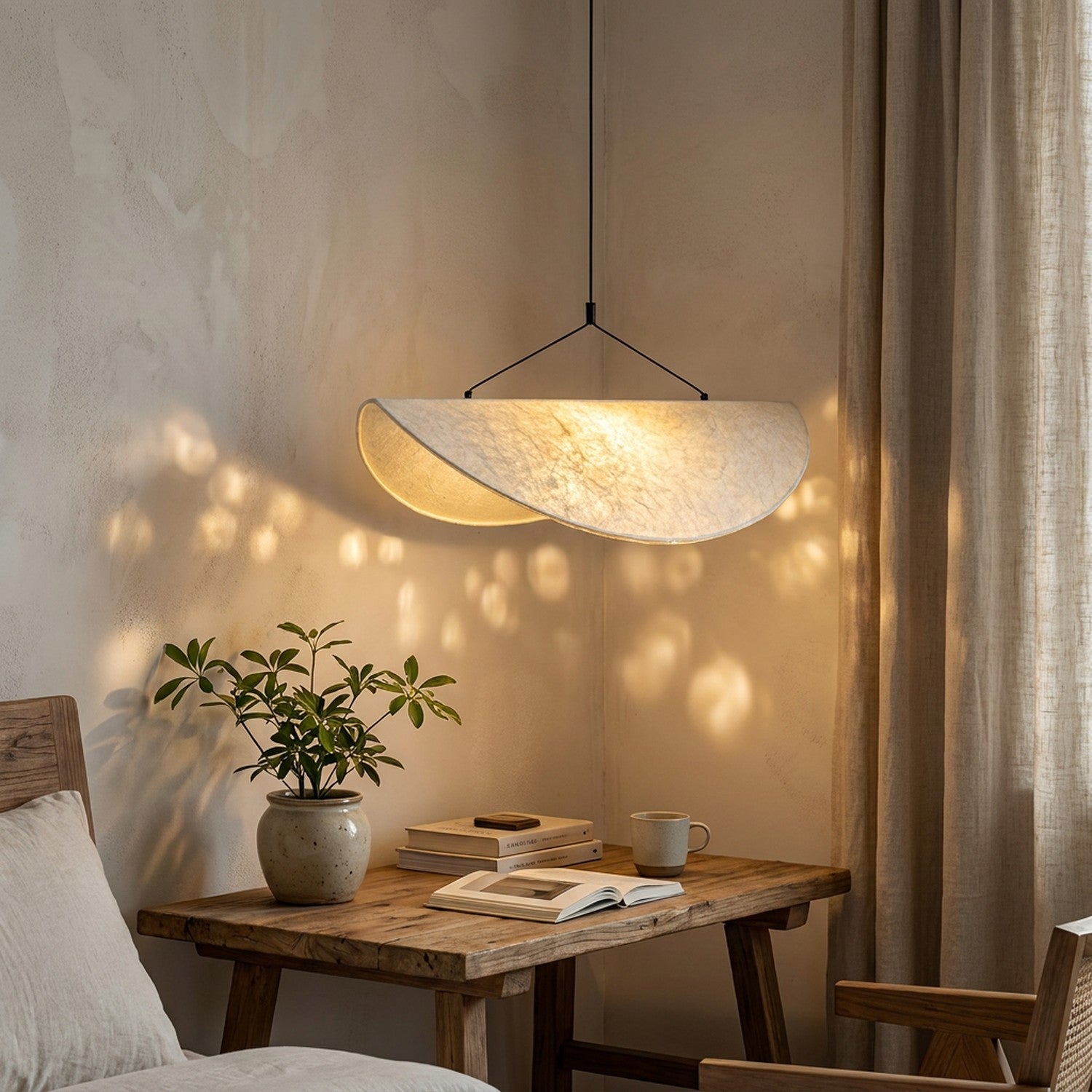 Suspension Wabi Sabi au-dessus d'un bureau en bois dans un coin lecture, lumière dorée tamisée