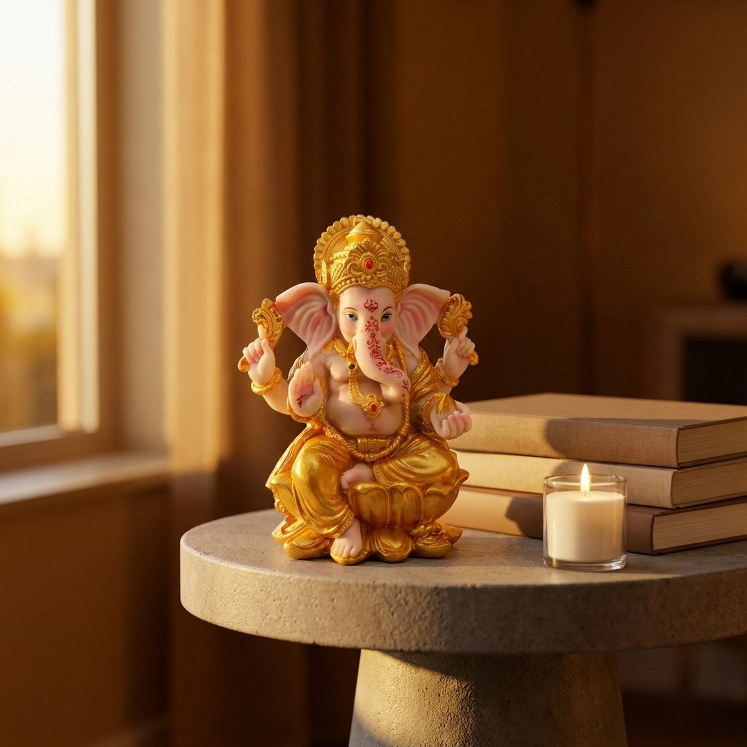 Statue de Ganesha dorée sur table béton dans lumière dorée du soir avec bougie allumée