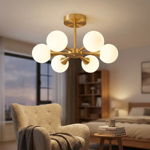 Lustre art déco 6 globes opalins en étoile au-dessus d'un coin lecture