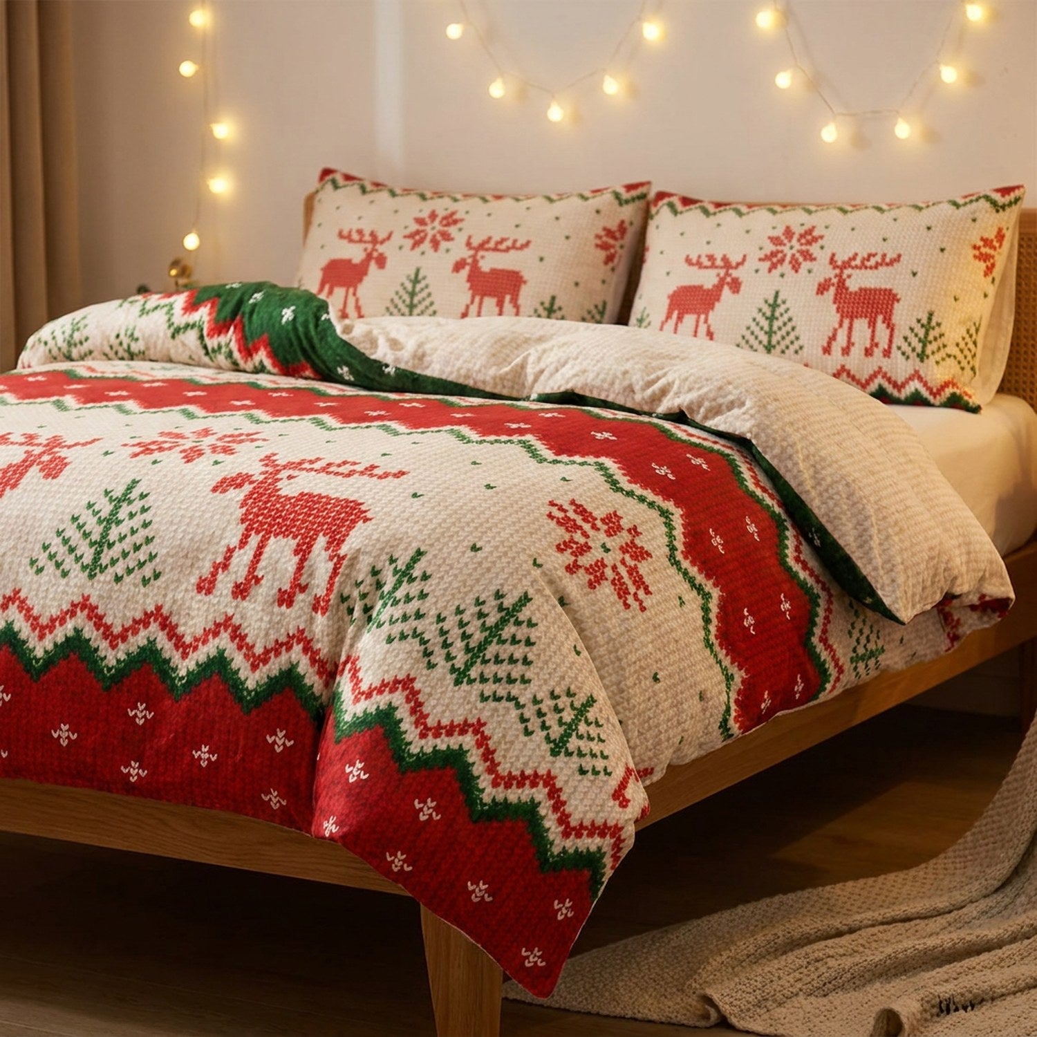 Détail de la parure de lit de Noël motif renne avec guirlande lumineuse en arrière plan