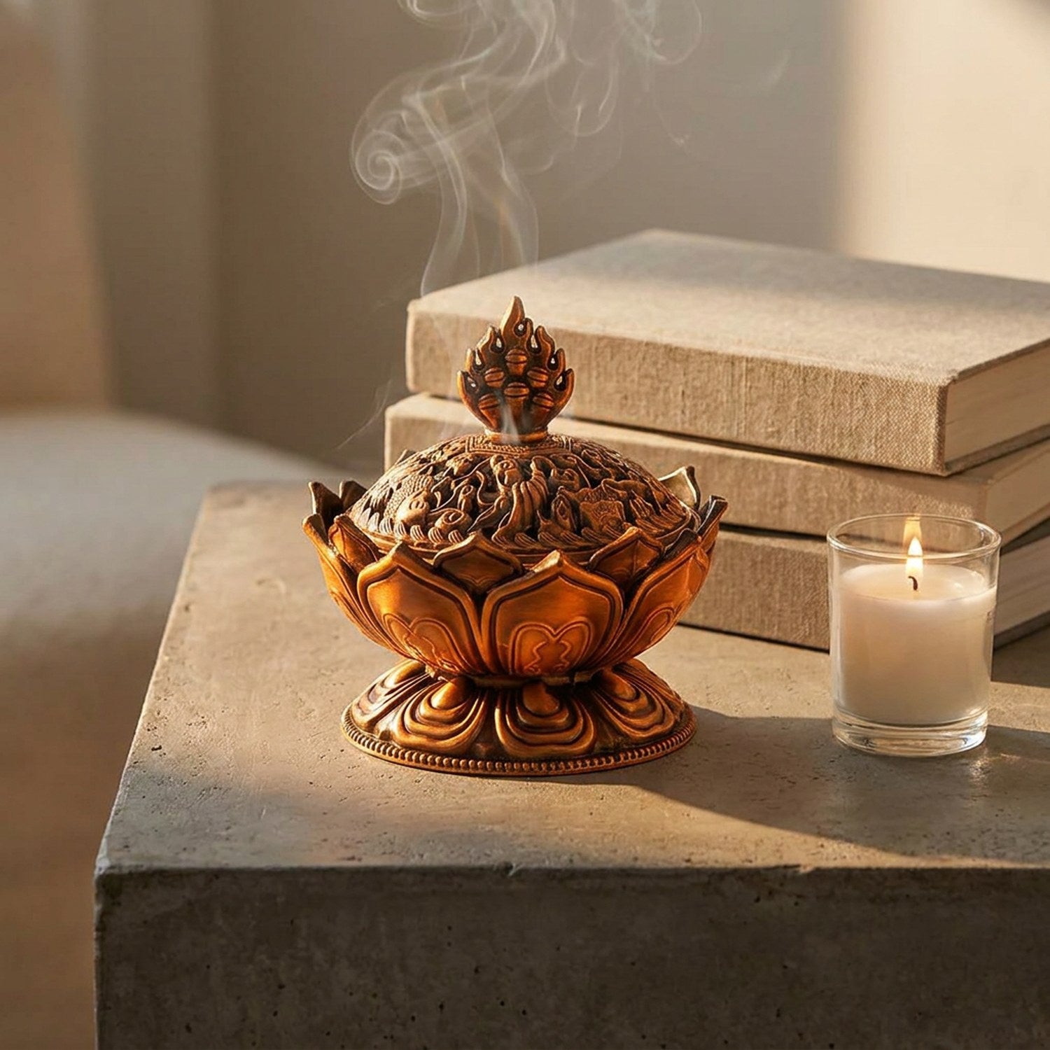 Porte-encens Bouddha bronze sur table béton en lumière golden hour avec bougie et livres