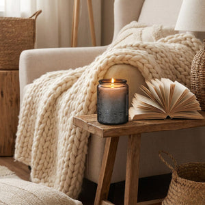 Bougie parfumée en verre gris allumée sur table en bois avec livre ouvert et plaid tricoté