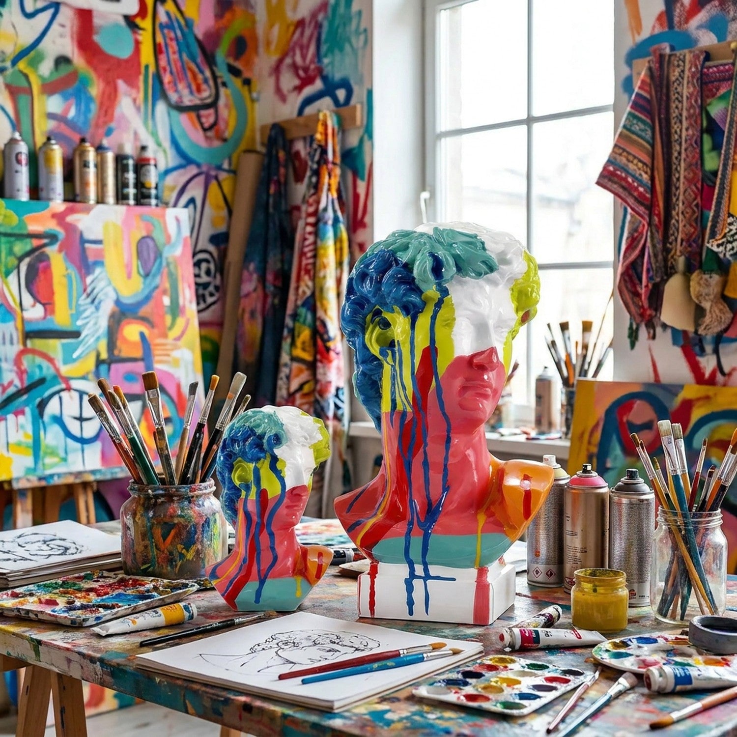 Buste David multicolore sculpture contemporaine studio art