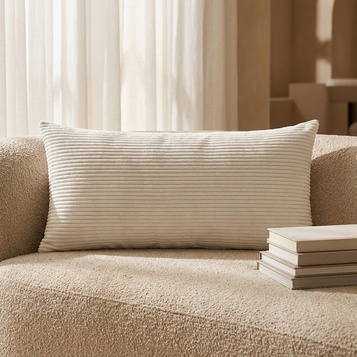 Traversin blanc en velours côtelé posé sur un canapé bouclette beige près de livres
