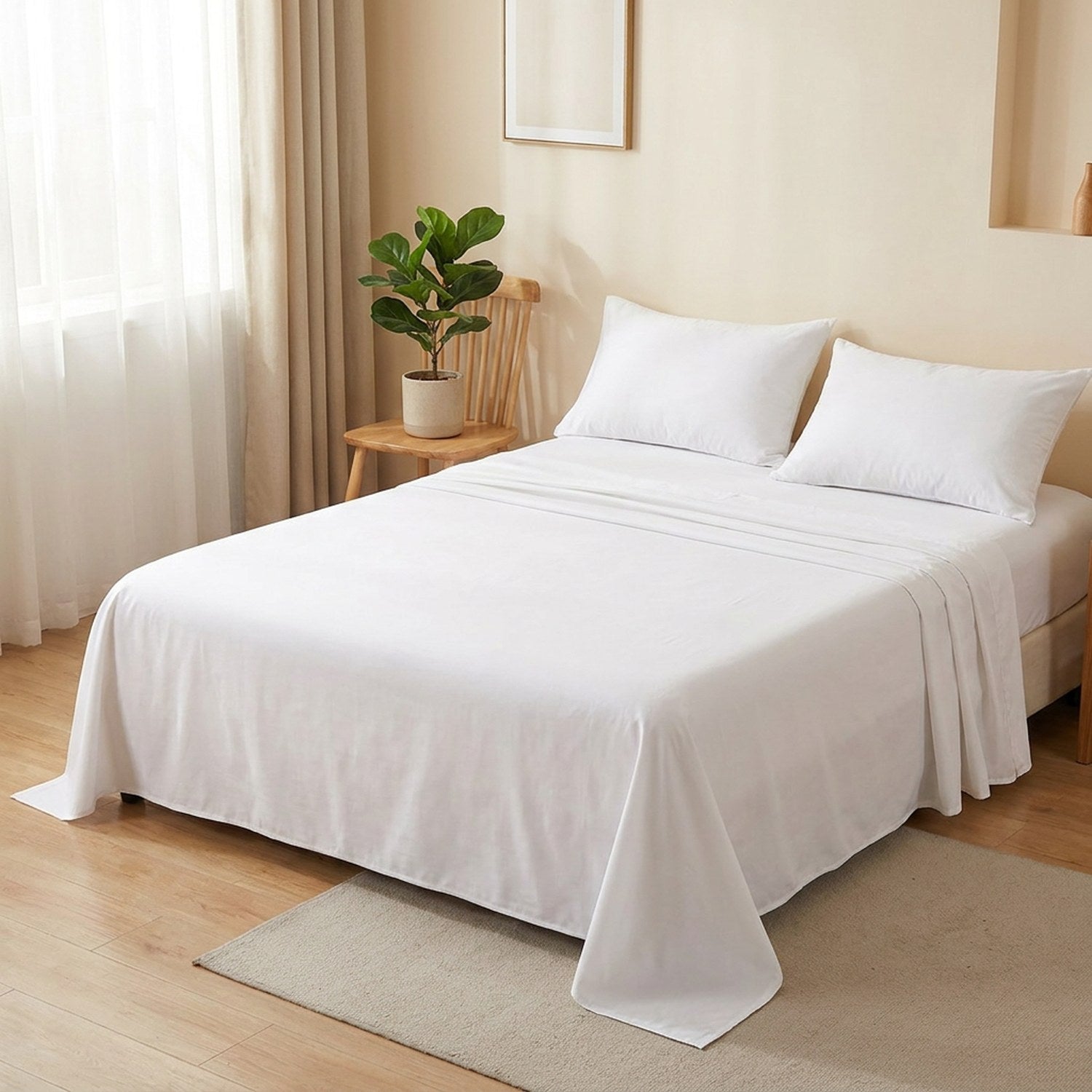 Drap plat blanc dans une chambre lumineuse avec chaise en bois et une plante