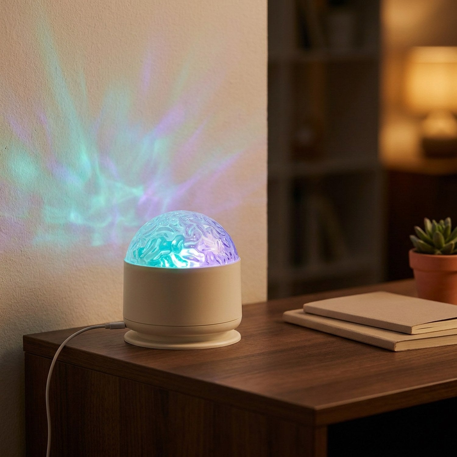 Veilleuse projecteur galaxie allumée en bleu et violet sur un bureau avec des carnets et une plante