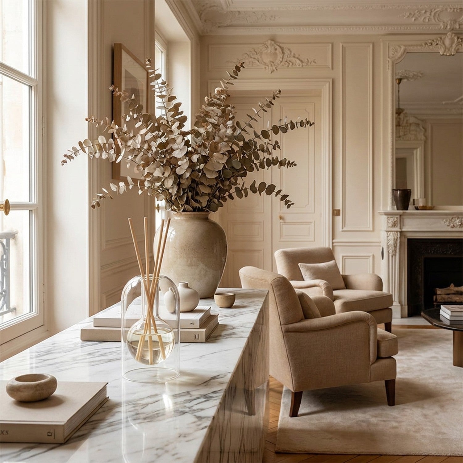 Diffuseur à bâtons en verre double paroi sur console marbre salon avec eucalyptus séché