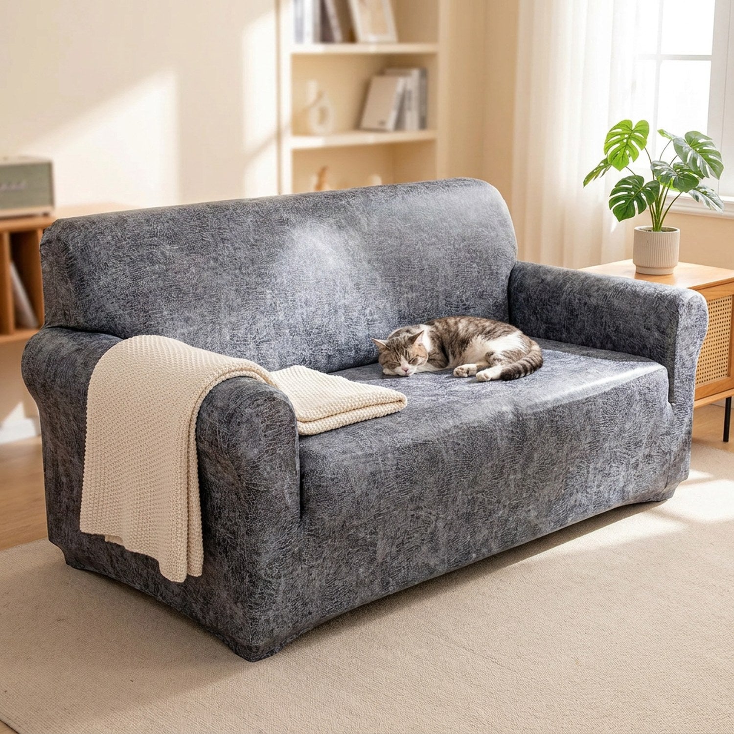 Canapé gris recouvert de la housse avec un chat endormi sur l'assise