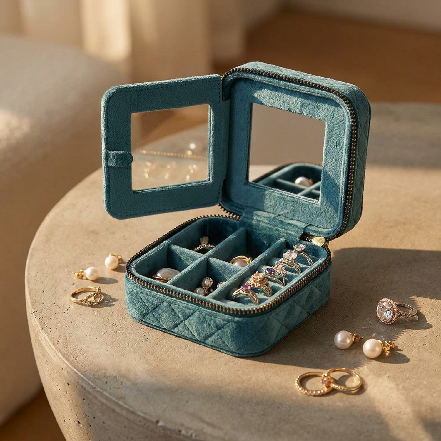 Boîte à bijoux ouverte sur table béton dorée avec boucles et bagues disposées autour