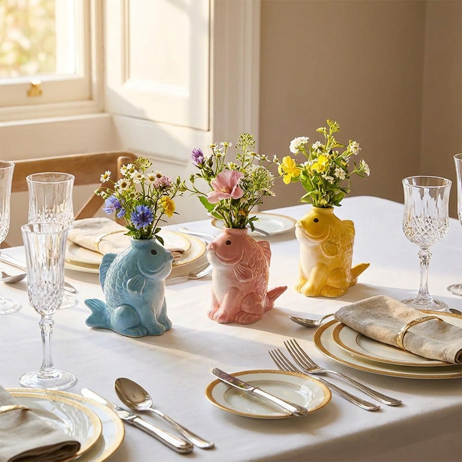 Collection vases céramique poisson en différentes couleurs sur table repas