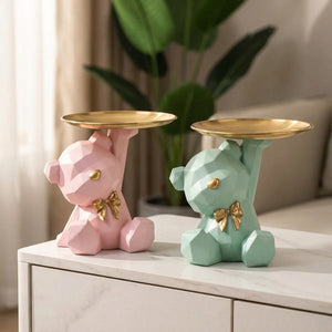 Statues ours résine rose et vert menthe côte à côte décoration intérieure