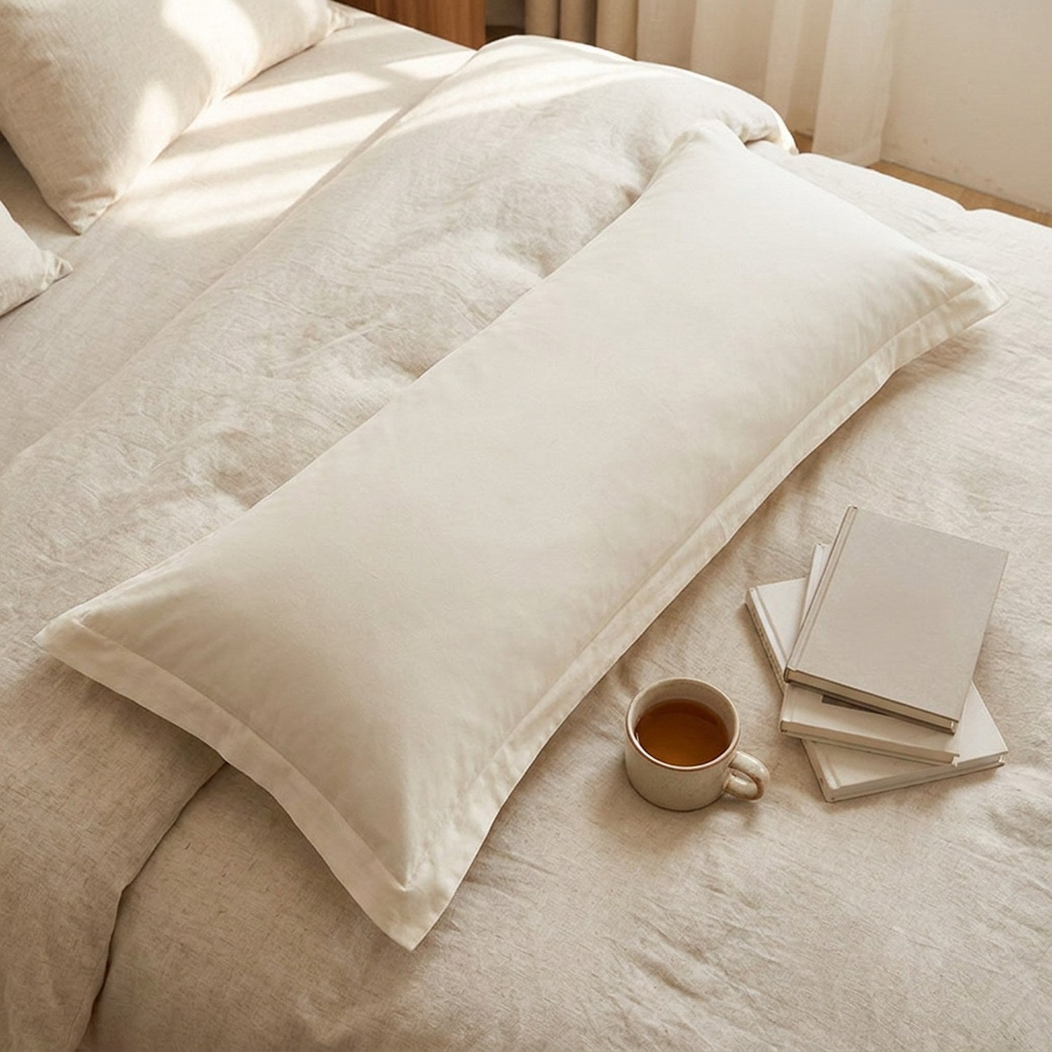 Taie de traversin beige vue de dessus sur un lit avec tasse de thé et livres