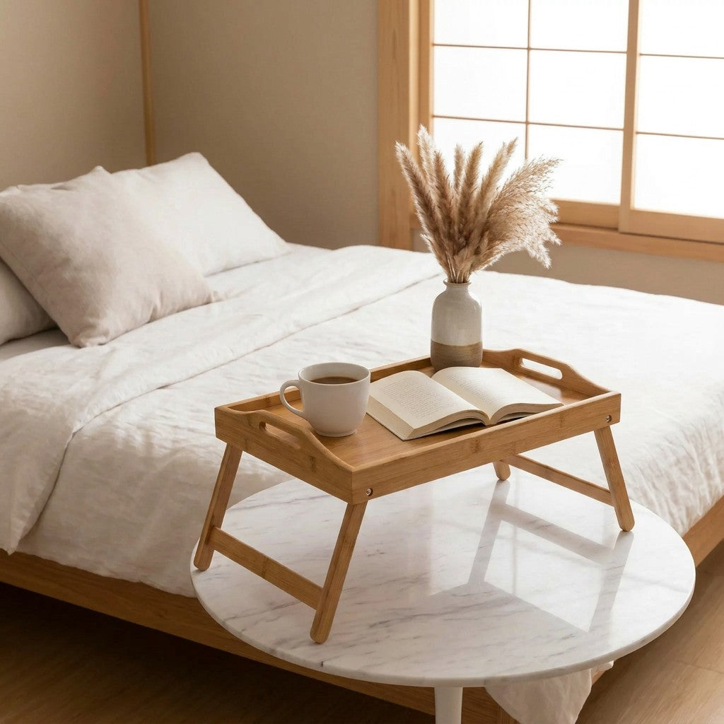 Plateau de lit en bambou avec thé sur table en marbre