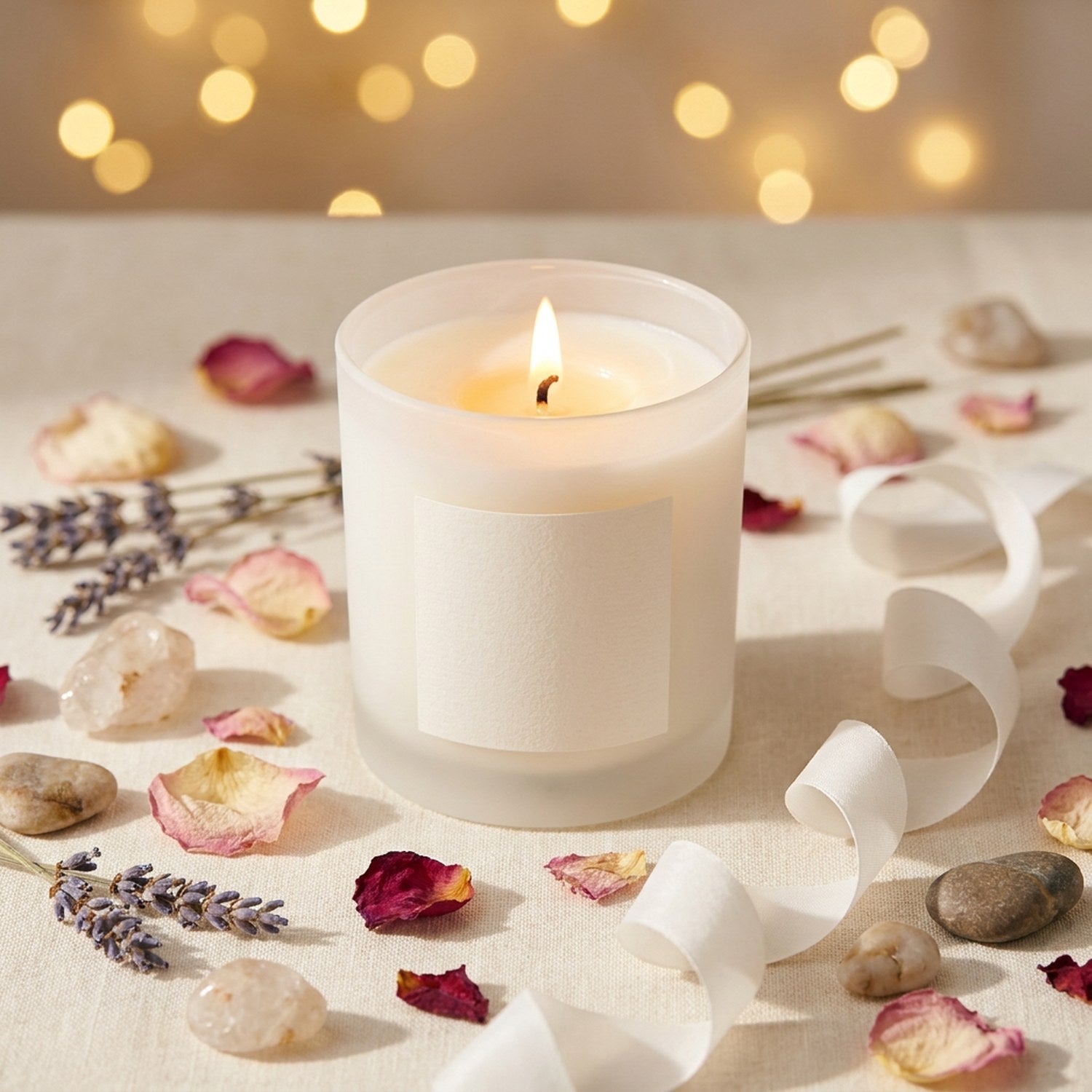 Bougie parfumée flat lay pétales ruban cadeau romantique