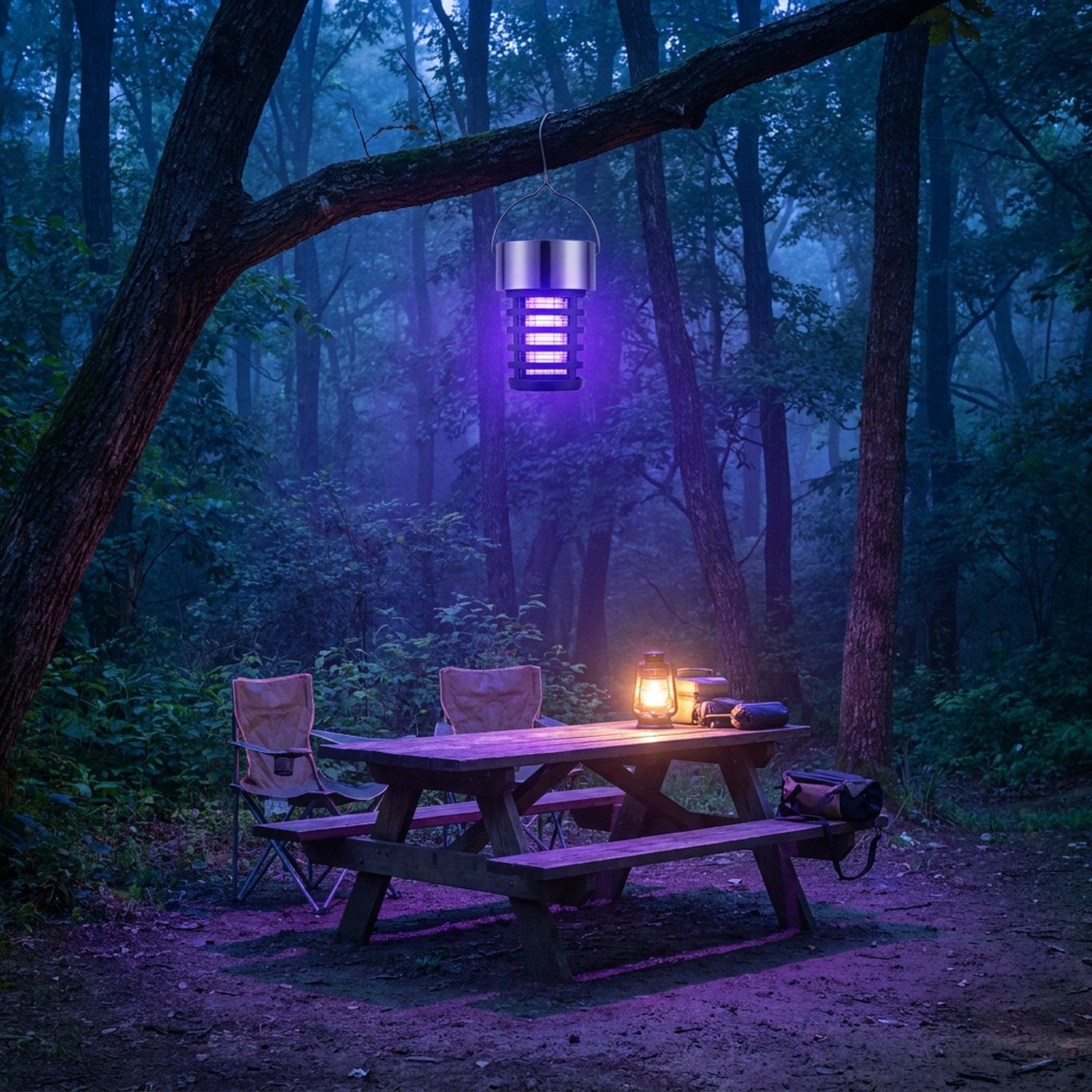 Lampe anti-insectes solaire en camping forêt blue hour