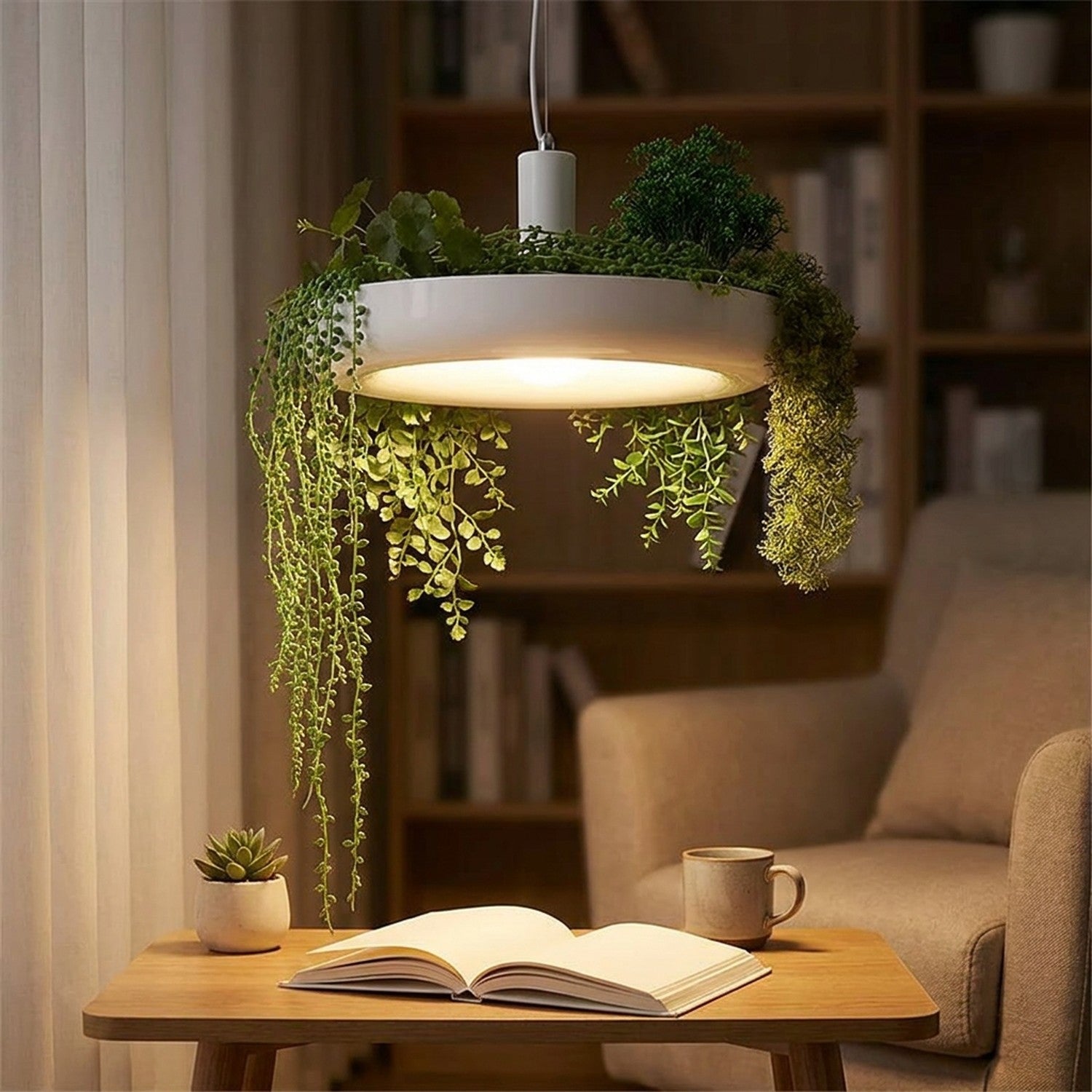 Suspension nordique dans un coin lecture cosy avec bureau en bois et livre ouvert