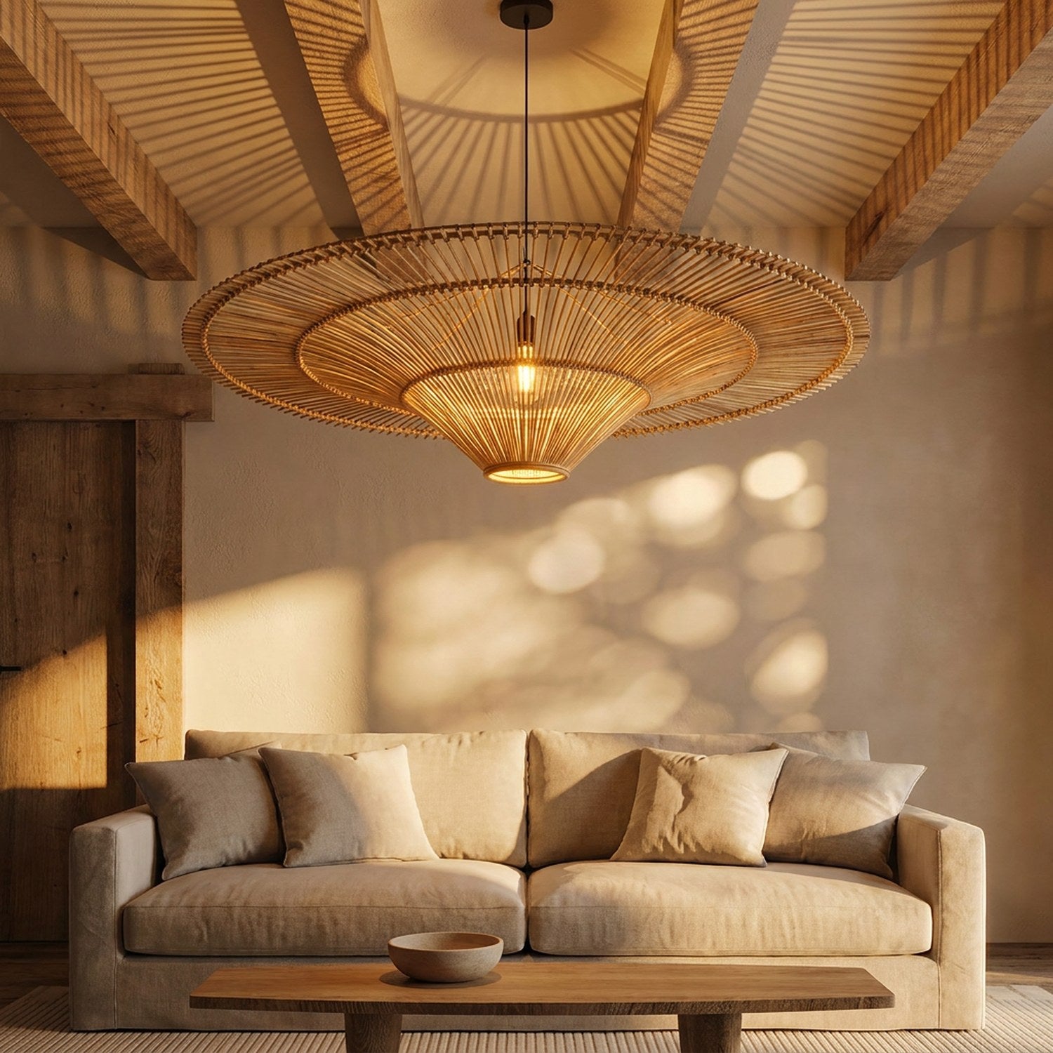 Lustre rotin bambou - ambiance salon cosy