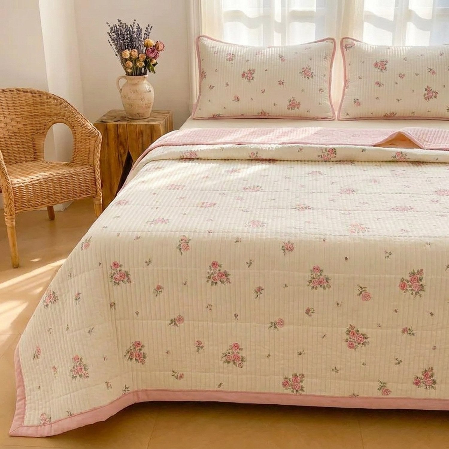 Couvre-lit fleuri dans une chambre douce avec fauteuil en rotin et fleurs séchées