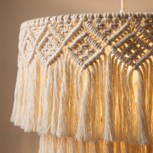 Détail tressage macramé nœuds coton naturel fait main, qualité artisanale