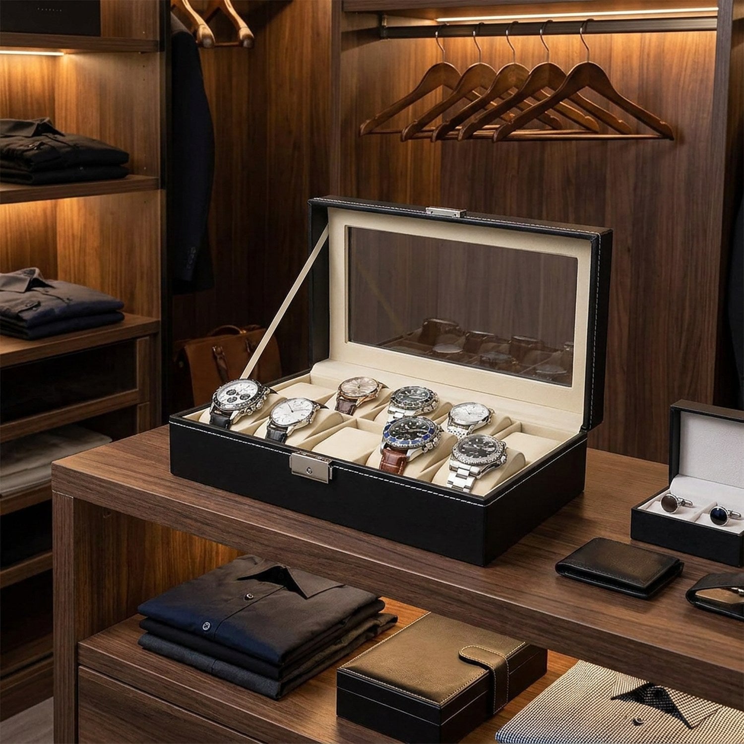 Coffret à montres 6 emplacements cuir noir lifestyle 3