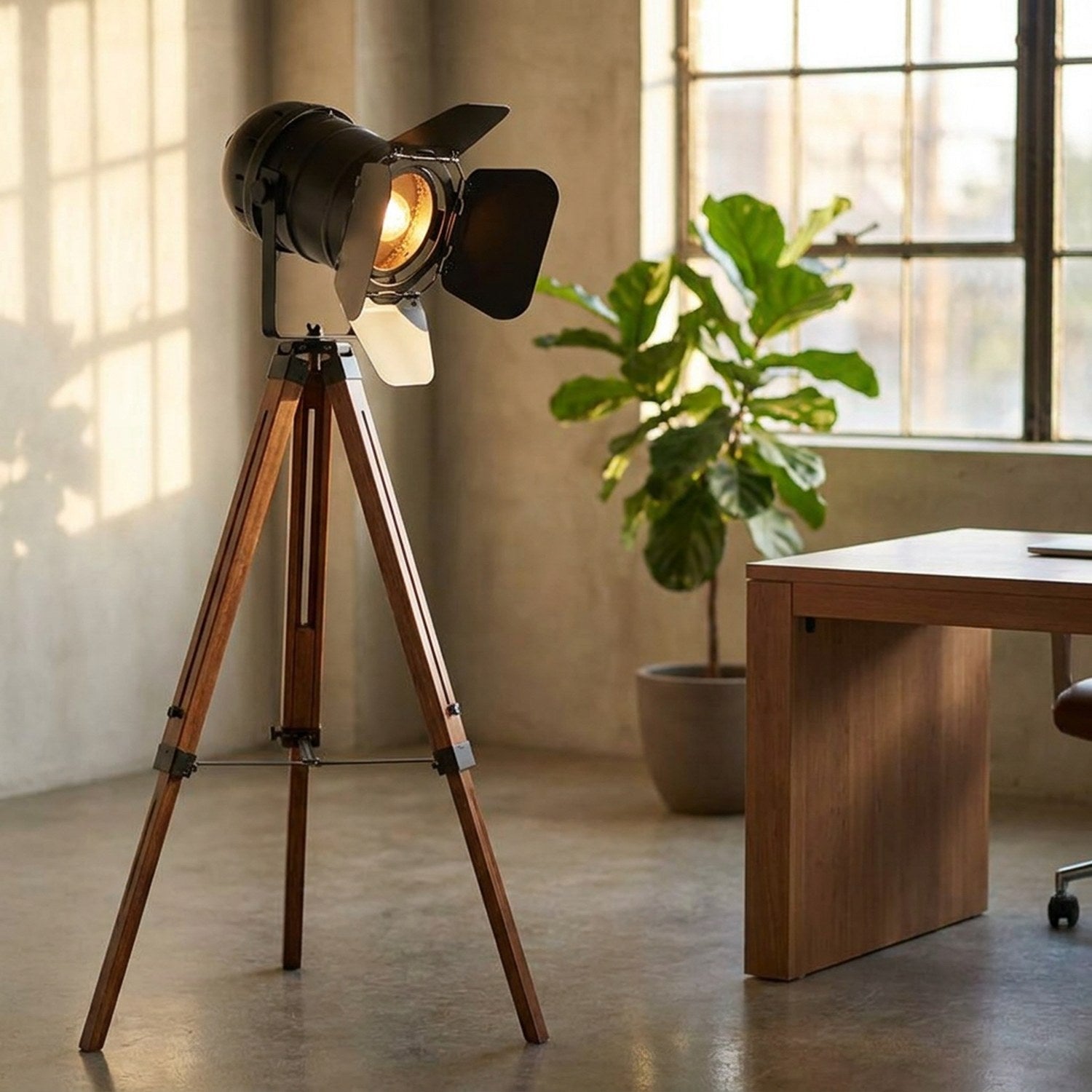 Lampadaire projecteur vintage dans un coin bureau avec une plante verte