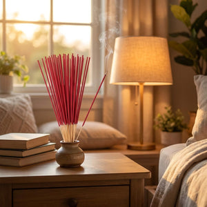 Bâtons d'encens rouge sur table de chevet bois avec lampe chaleureuse chambre ambiance dorée