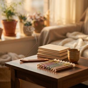 Bâtons d'encens parfumés dans salon cosy lumière dorée