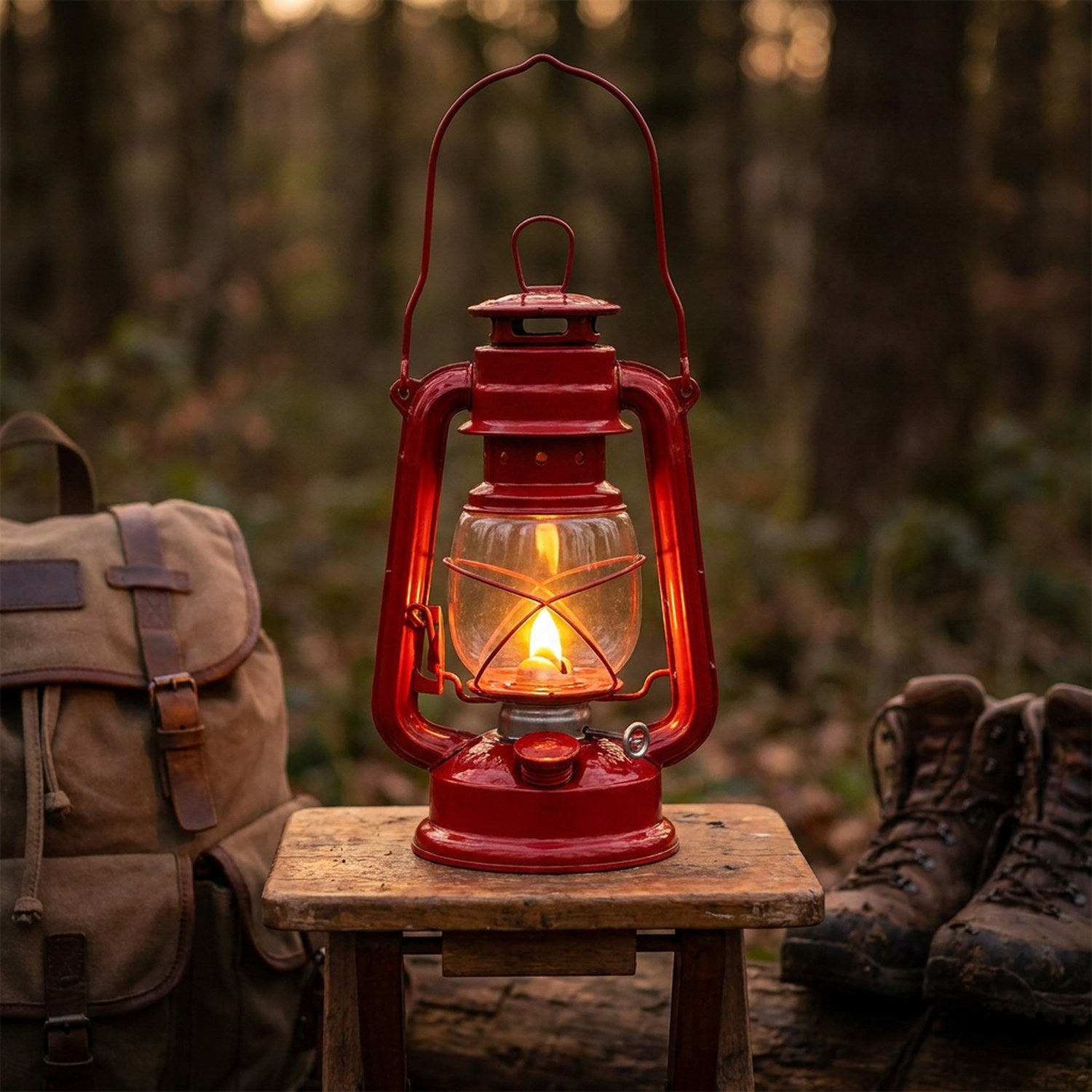 Lampe à pétrole rouge allumée sur un tabouret en bois près d'un sac à dos