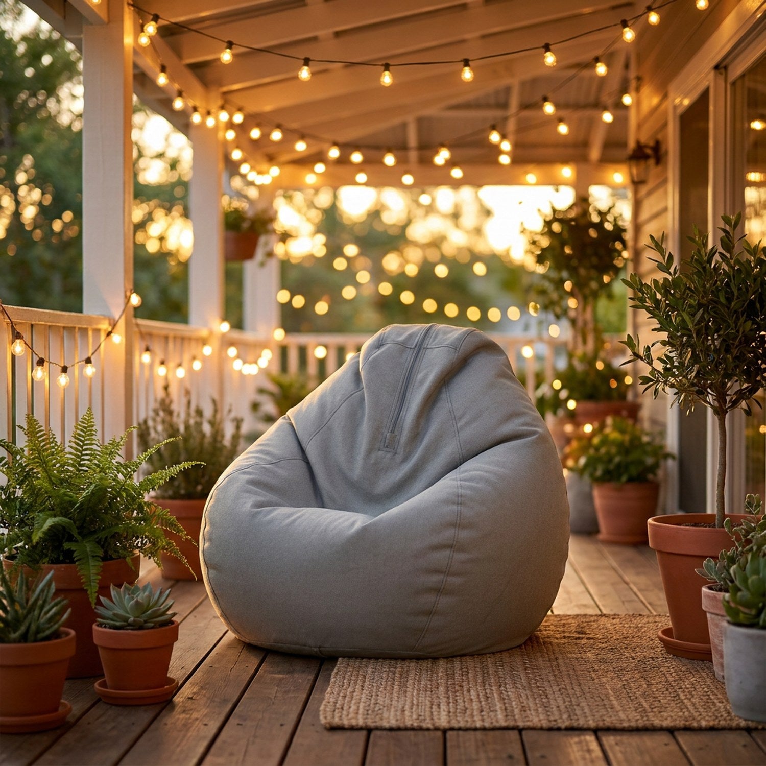 Housse de pouf poire grise sur une terrasse couverte le soir avec guirlande lumineuse