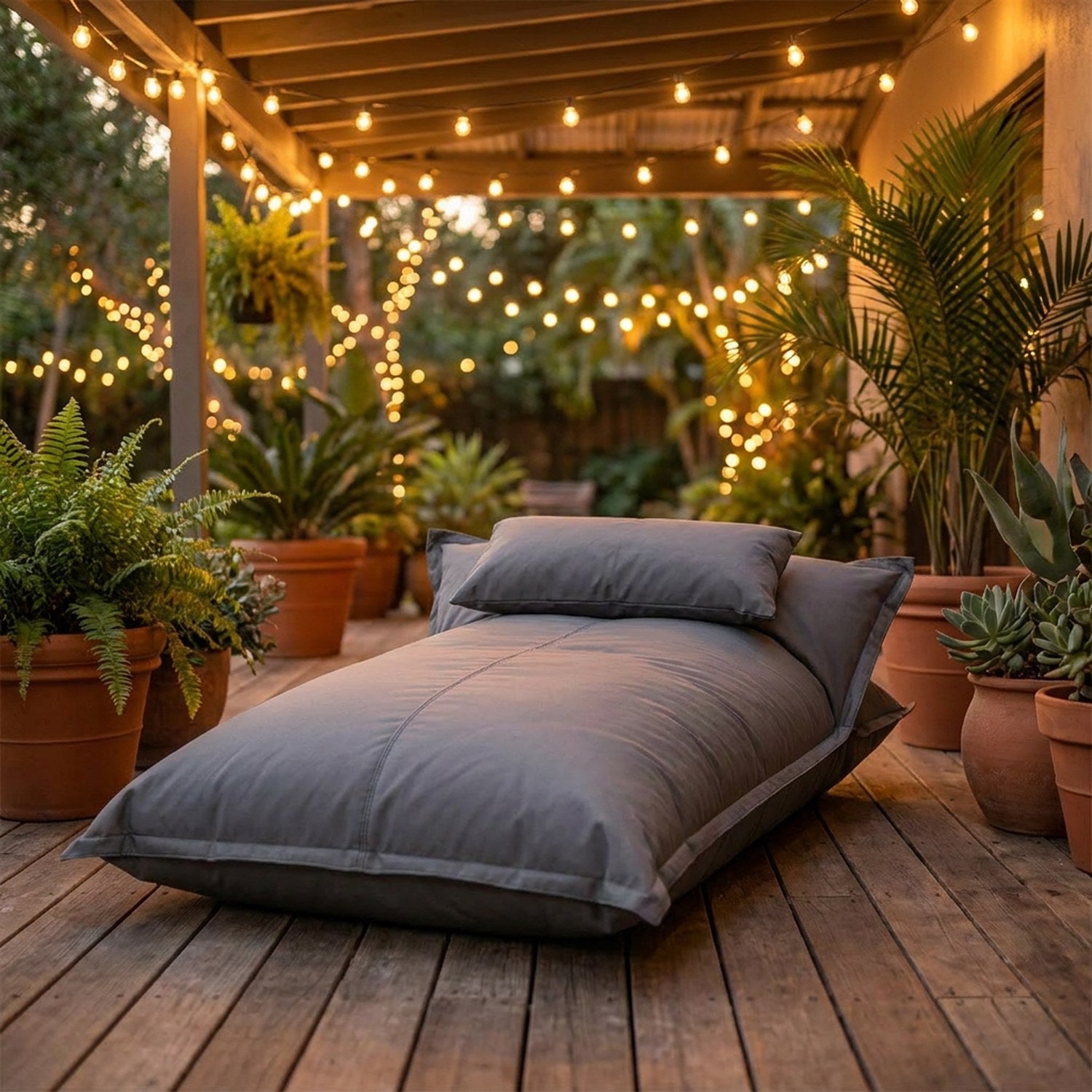 Pouf flottant gris sur une terrasse couverte le soir avec guirlande lumineuse