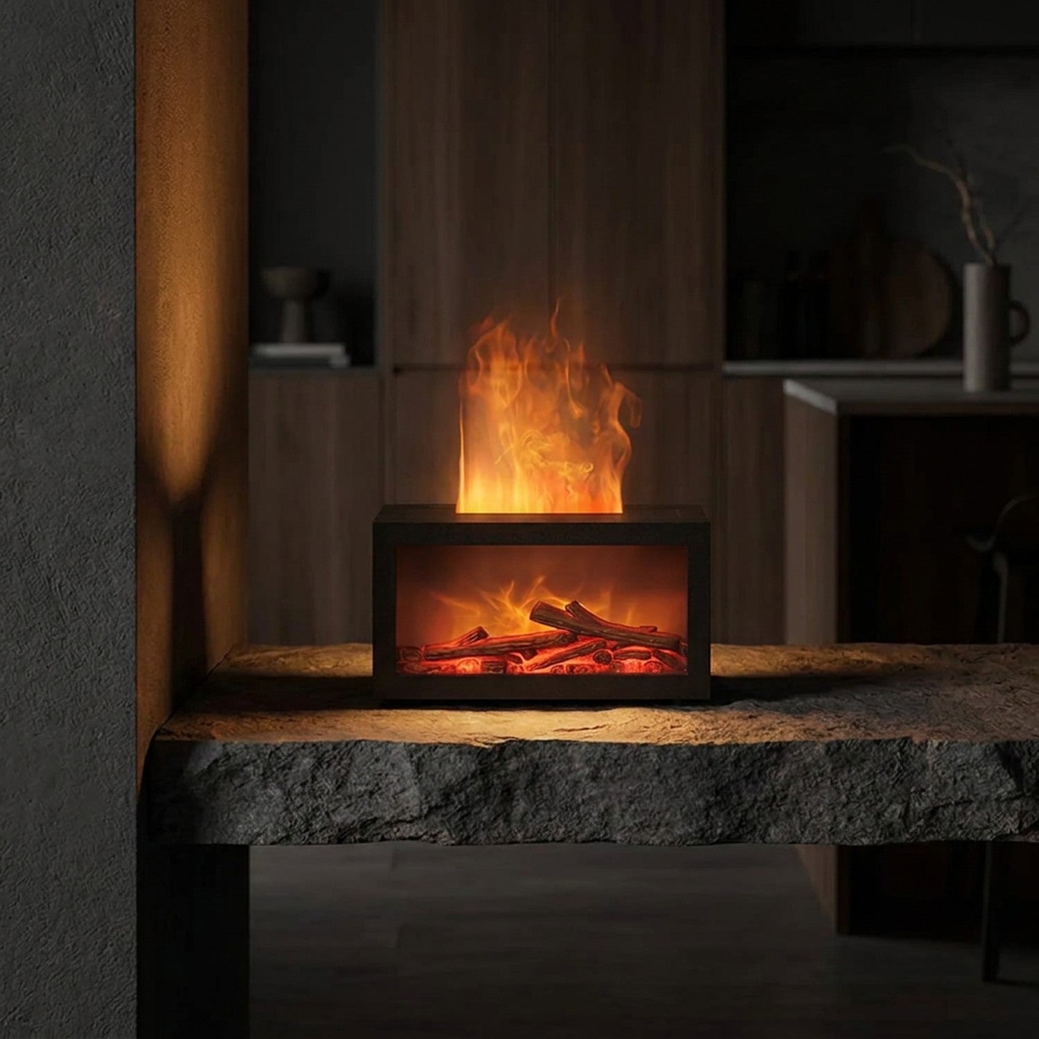 Diffuseur aromatique flamme LED pièce minimaliste sombre