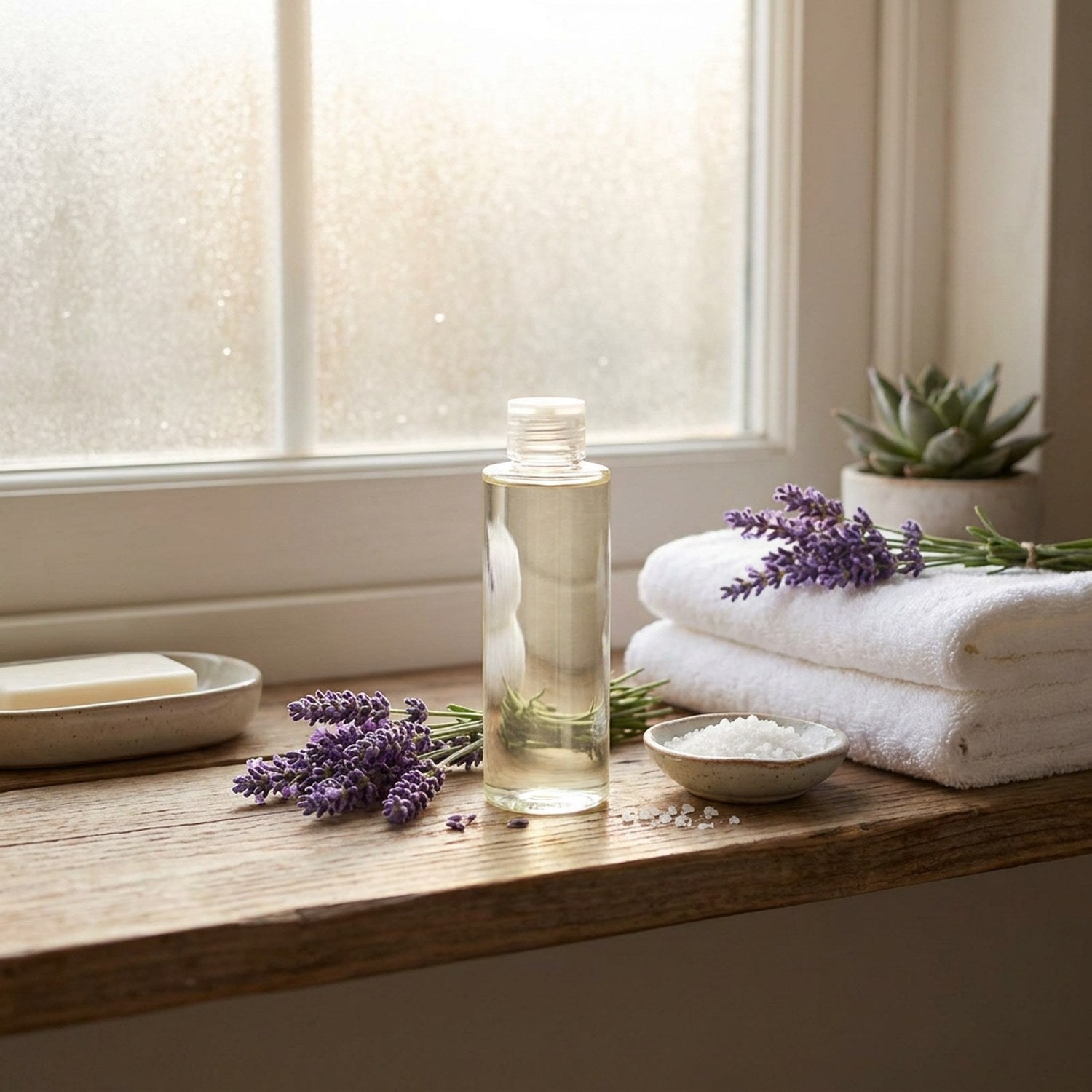 Flacon recharge diffuseur lavande vanille dans espace spa avec bougies allumées et serviettes blanches
