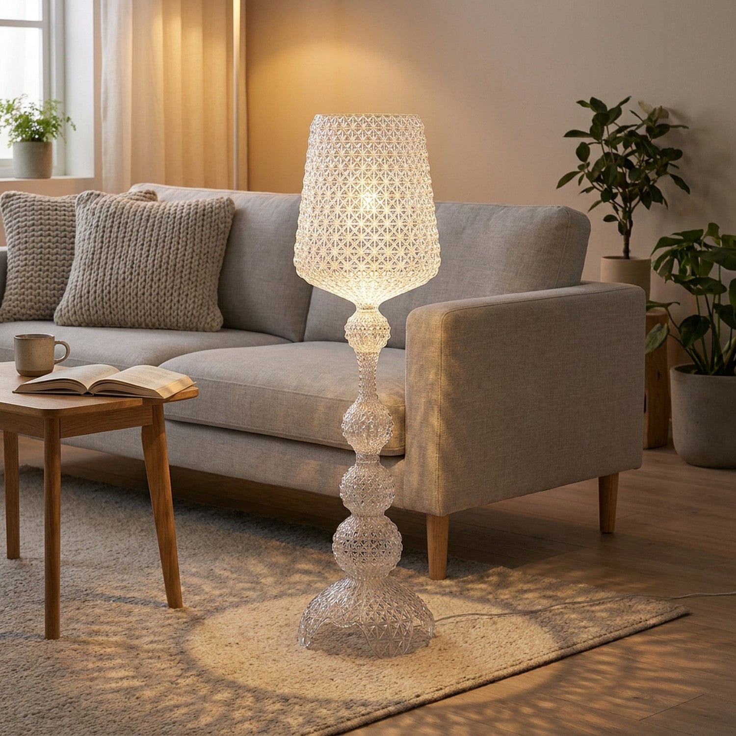 Lampadaire acrylique transparent ajouré allumé près d un canapé dans un salon scandinave