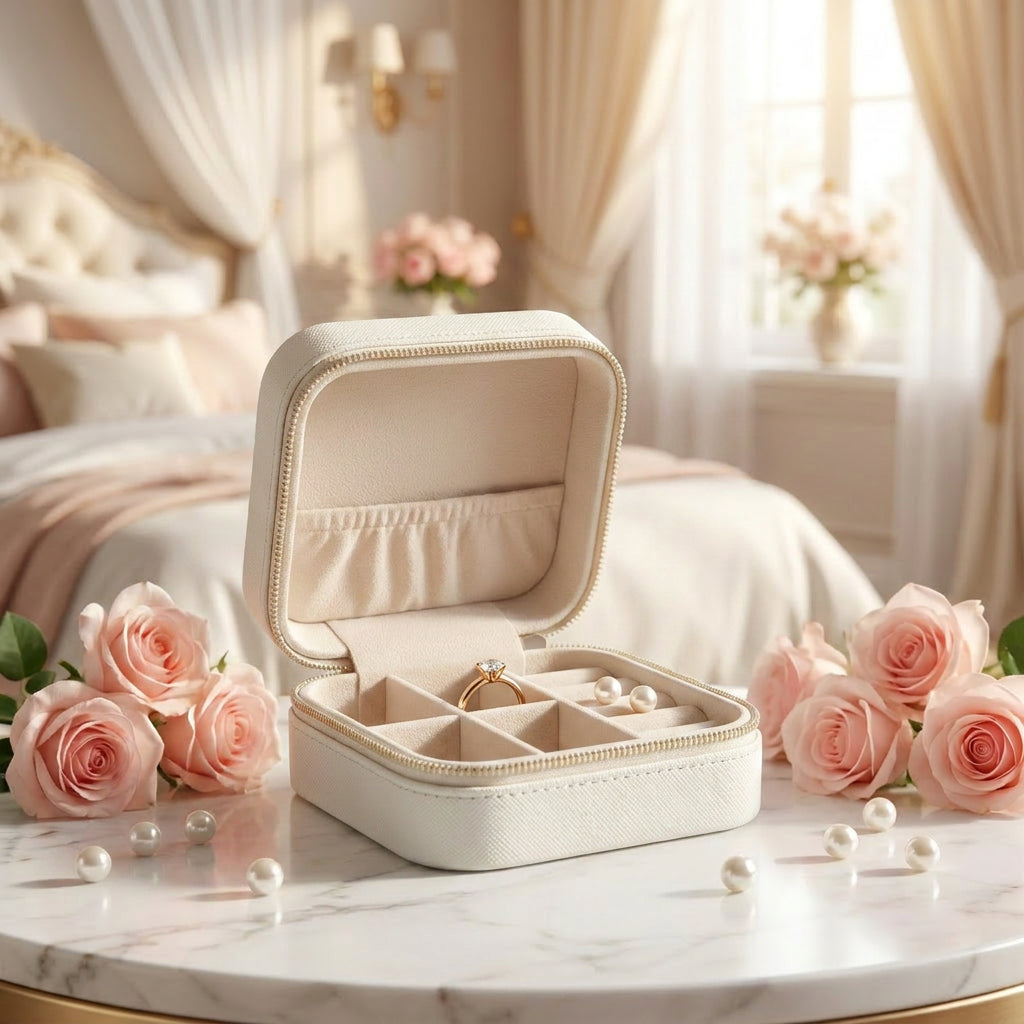 Boîte à bijoux de voyage ouverte sur surface en marbre blanc avec bijoux à l'intérieur