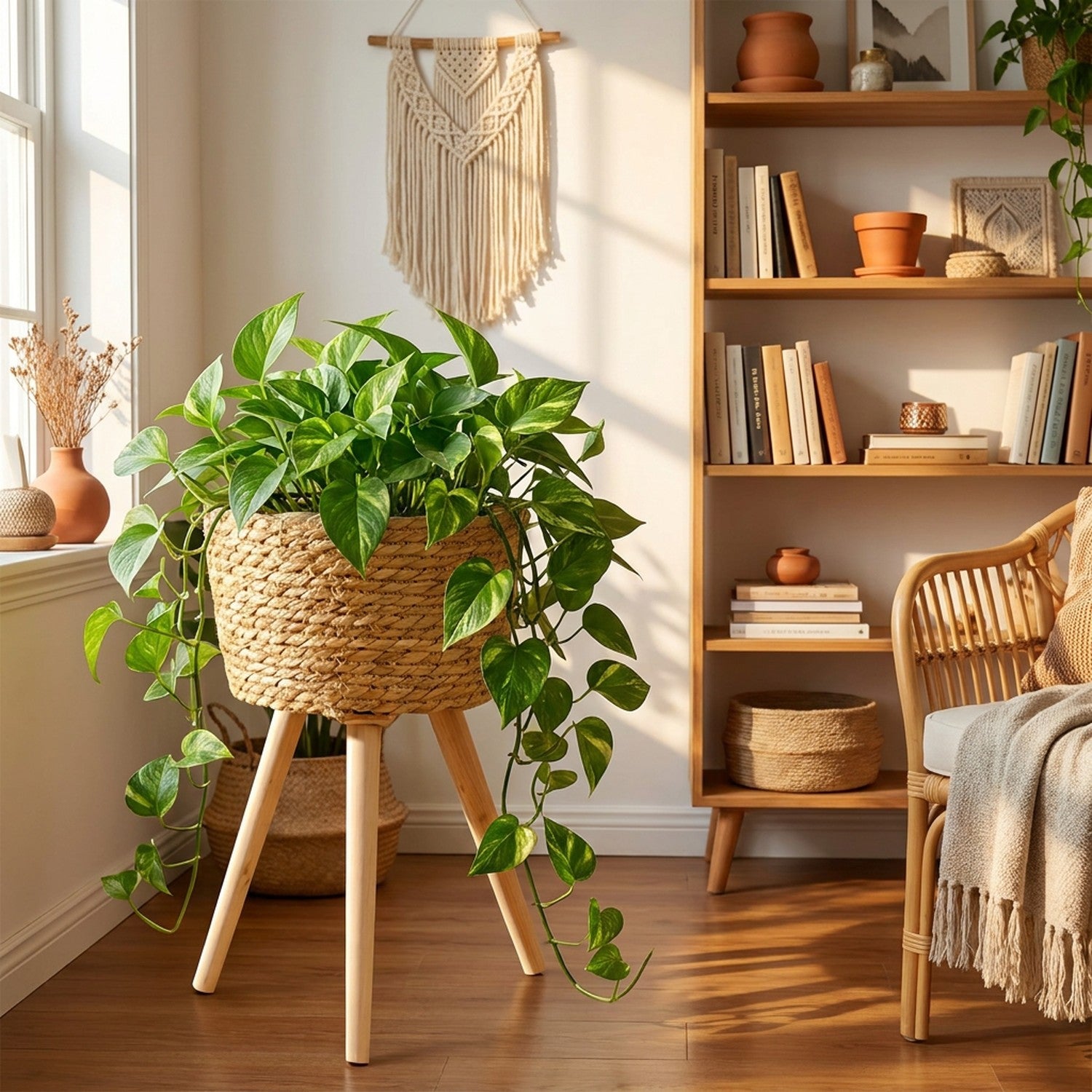Panier cache-pot bois tressé avec plante retombante dans coin bohème salon