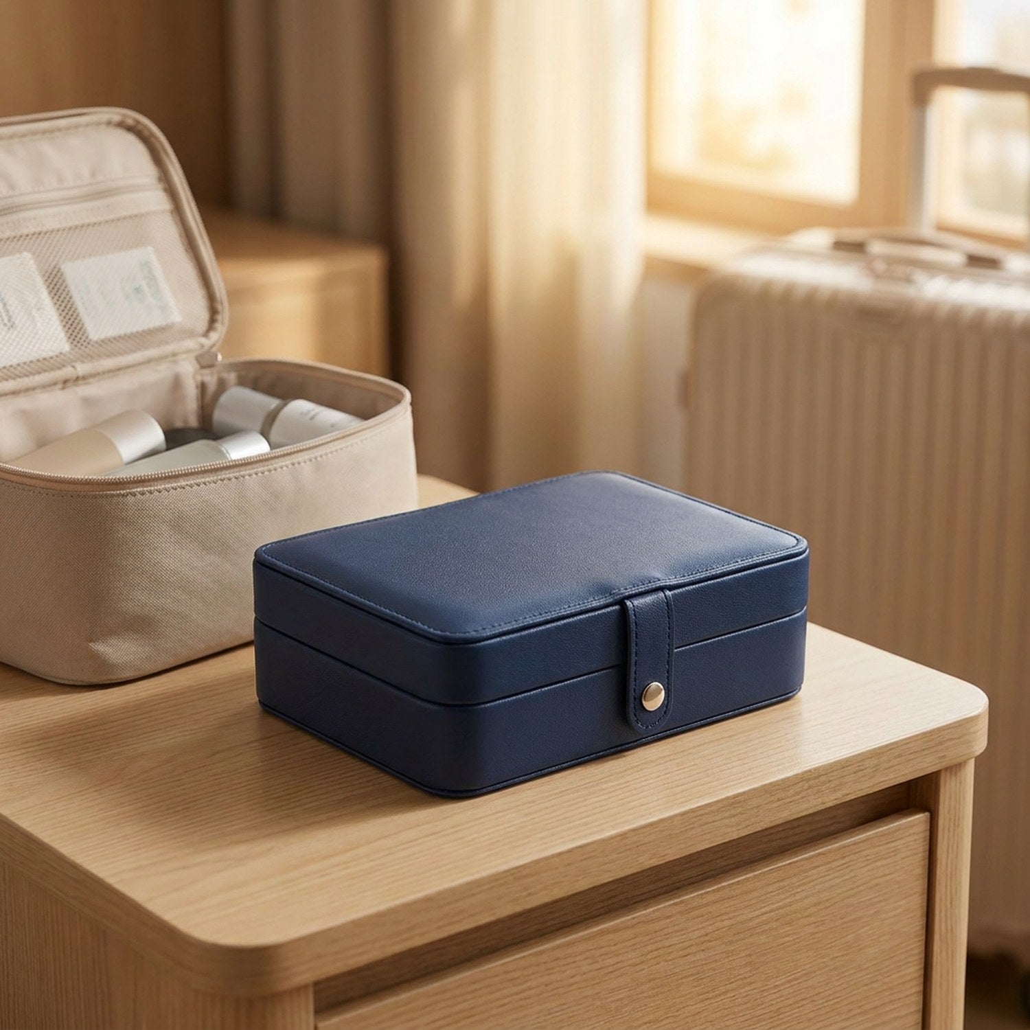 Boîte à bijoux en cuir bleu foncé posée près d'une trousse de voyage sur une table de nuit